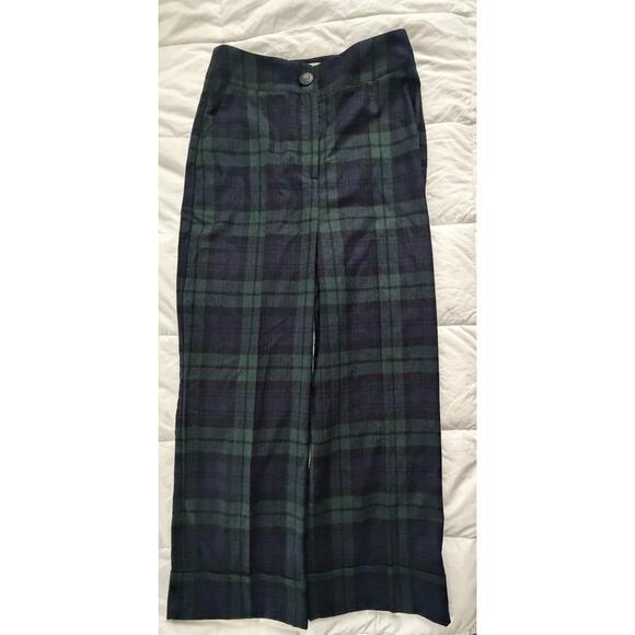 NWT Sezane Navy Green Tartan Plaid Damon Wool Trousers Wide Leg Size 38 US 6 - Picture 2 of 9